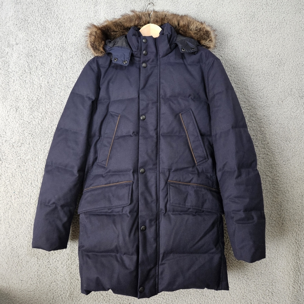 Massimo Dutti Men's S Small Navy Blue Wool Down Parka Coat Hooded Puffer Jacket - Picture 1 of 15